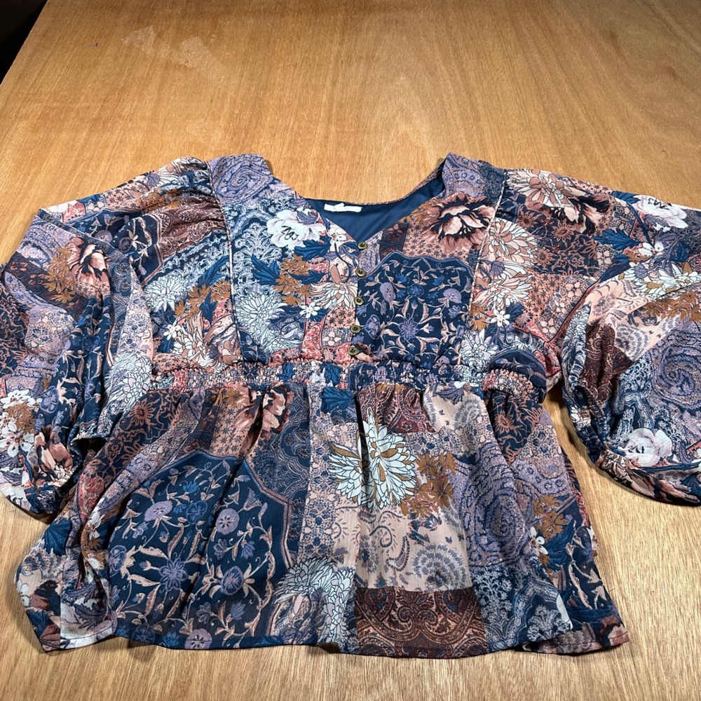 Maurices Blouse Women XL Blue Pink Patchwork Floral Smocked Waist Boho Top